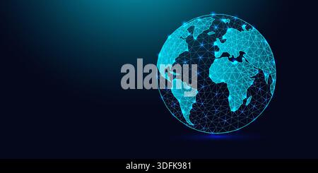 Niedriger Poly-Drahtmodell-Planet Erde auf dunkelblauem Hintergrund. Stock Vektor