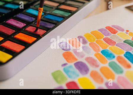 Nahaufnahme eines Aquarellmalsets mit einem Pinsel, der in eine leuchtende rote Pfanne getaucht ist, und farbenfrohen handgemalten Farbmustern auf strukturiertem Papier. Stockfoto