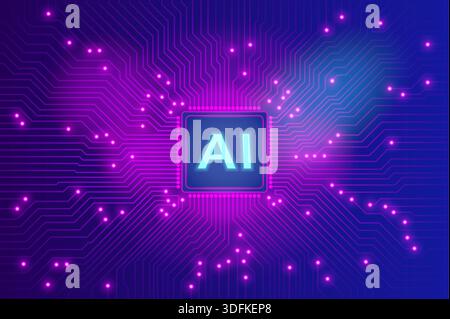 AI Microchip mit leuchtendem Purple Schaltkreis auf futuristischem Hintergrund mit dunklem Farbverlauf Stock Vektor