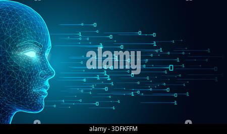Leuchtend blaue Drahtmodellfläche Analyse von binärem Datenstrom auf futuristischem digitalem Hintergrund Stock Vektor