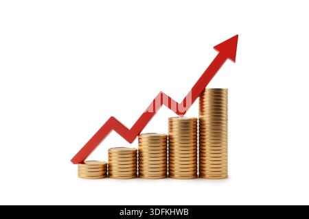 3D-Darstellung von Stapeln goldener Münzen, angeordnet in einem steigenden Balkendiagramm-Format mit einem roten Pfeil nach oben, um wirtschaftlichen Erfolg, Gewinn zu symbolisieren Stockfoto