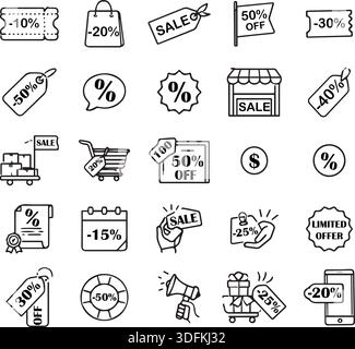 Minimalistische Umrisssymbole mit Schwerpunkt auf Einzelhandelsverkäufen, Preissenkungen, Coupons und Werberabatten. Symbole für Einkaufsrabatte und Werbezeilen für Verkauf Stock Vektor