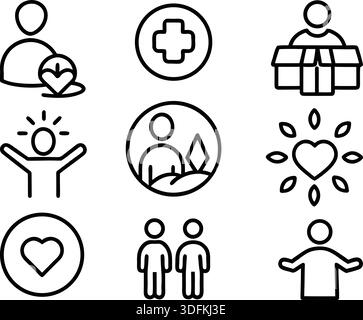 Line Icons für medizinische Geräte und Krankenhausdienste für Anwendungen im Gesundheitswesen und klinisches Design. Umrisssymbole, die verschiedene medizinische Dienste darstellen. Stock Vektor