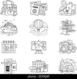Moderne Outline Reise- und Tourismussymbole mit Urlaubs-Essentials für globales Abenteuer, Sommerausflugsplanung und Navigation. Stock Vektor