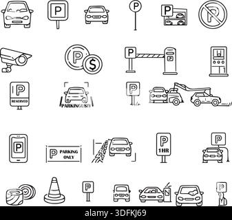 Satz minimalistischer Symbole und Symbole für das lineare Parken für Stadtverkehrsmanagement, Navigations-Apps und Transportdesign. Stock Vektor