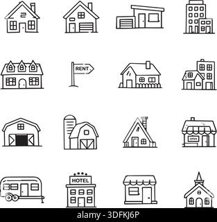 Icons für Gebäudelinien für Immobilien und Architektur für Stadtplanung und Immobilienlisten. Stock Vektor