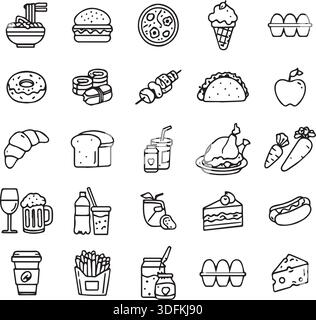 Minimalistische Symbole für Speisen und kulinarische Linien für Menüs Restaurants und Koch-Apps. Stock Vektor