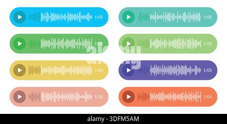 Sammlung von farbigen Sprachnachrichten-Symbolen. Wiedergabe von Sprachnachrichten mit Signalformen, Wiedergabesteuerung und Audio-Symbolen für die Dauer Stock Vektor