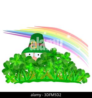 Leprechaun im Kleebüch mit Regenbogen. Leprechauns Augen, Nase und grüner Hut blicken aus vierblättrigen Kleeblättern hervor. St. Patrick's Day. Vektor Stock Vektor