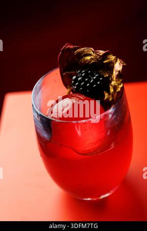 Ein leuchtend roter Cocktail sitzt auf einer roten Oberfläche mit einer brombeere und getrockneten Blumen. Stockfoto