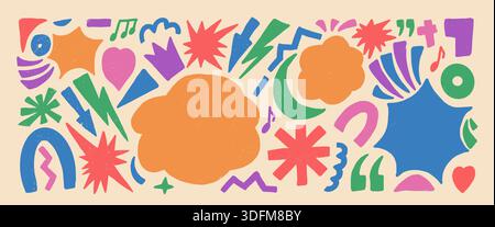 Abstrakte geometrische Musiknote handgezeichnet bunter funky Hintergrund. Geometry Freeform Pastellfiguren Scribbles Set. Knall Wolken, Blitz, Pfeile, er Stock Vektor