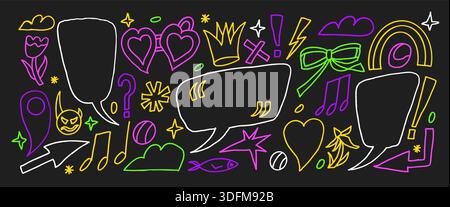 Pinselstrich Bleistift Sprechblasen Formen. Textbox Rahmen Buntstift gezeichnet Set. AROW, geometrisches, abstraktes Design für unterhaltsames Layout. Verspielter Callout markiert hoch Stock Vektor