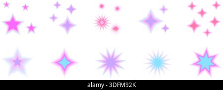 Verlaufsunschärfe Retro-Sterne. Blinkt 90er mit Aura-Figuren. Y2K-Ästhetische Sparkling-Abstufungseffekte. Vektor abstrakte rosa lila Sternenform Stock Vektor