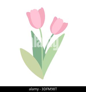 Zarte pinkfarbene Tulpe. Frühlingsblumen in flachem Stil. Handgezeichnete Abbildung. Stock Vektor