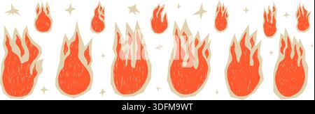 Funky Fire Paper schneidet Ikonen mit pastellfarbener Bleistiftstruktur aus. Doodle Flammen Vektor Illustration Set mit rauen Texturen und Collage grafische Formen für bo Stock Vektor