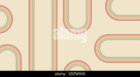 Grooviger Regenbogenhintergrund mit kurvigen Linien. Abdeckung in gewellten Streifen in Vintage-Farben. Verspieltes Wellenbogendesign. Vektor Retro Beige Wackelschmuck. Stock Vektor