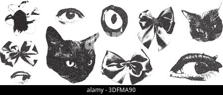 Frauenaugen, Bögen, Blumen, Katzenfotokopie Dada Vintage Collage Set. Band, Haustierkopf, Augen Halbton-Dadaismus-Effekt. Gepunktete, streichelnde Grunge Stock Vektor