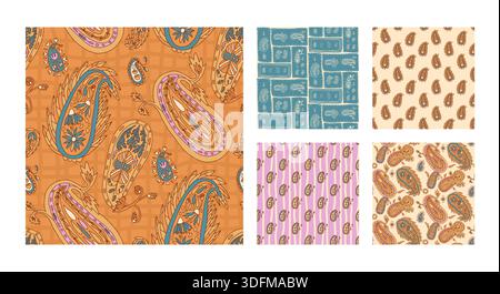 Paisley Seamless Patterns Kollektion. Ethnische indische Moderne haben endlose Hintergründe überprüft. Motiv mit Oberflächenmuster. Vektor handgezeichnet bg illustr Stock Vektor