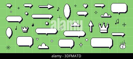 Pixeldialogfelder eingestellt. 8-Bit-y2k-Sprechblasen-Set. Spielpixelart Chat-Textfelder mit Krone, Musiknotiz, Pfeilen. Vektor-Talk-Frames Ballons mes Stock Vektor