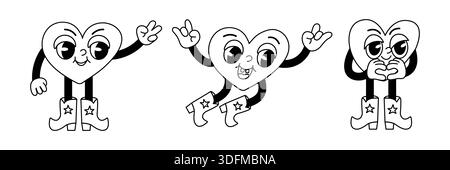 Set aus groovigen Herzfiguren mit verschiedenen niedlichen Emotionen und Posen isoliert auf weißem Hintergrund. Perfekt für Aufkleber Valentinskarten Abzüge Stock Vektor