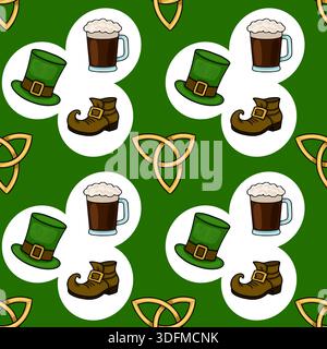 Festliches nahtloses Vektormuster am St. Patrick's Day mit Leprechaun-Hüten, Stiefeln, Bierbecher und keltischen Knoten Stock Vektor