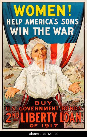 Dieses Propagandaplakat aus dem Ersten Weltkrieg von „RPJ“ aus dem Jahr 1917 zeigt eine ältere Frau in konservativer weißer Bluse und dunklem Rock, die vor einer drapierten amerikanischen Flagge und einem Hintergrund von Kampfszenen steht. Sie wirkt nach außen, als würde sie den Betrachter ansprechen und die Frauen dazu drängen, die Kriegsanstrengungen durch den Kauf des Second Liberty Loans von 1917 zu unterstützen. Die Botschaft des Plakats: "FRAUEN! HILF AMERIKAS SÖHNEN, DEN KRIEG ZU GEWINNEN“, appelliert direkt an den Patriotismus der Frauen und den Mütterinstinkt, finanzielle Beiträge zum Krieg zu fördern. Stockfoto
