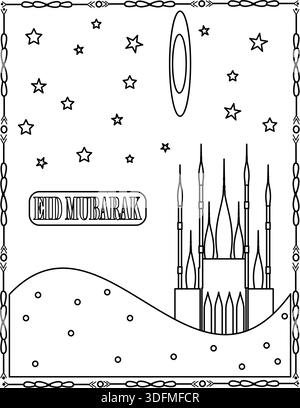 Eid Mubarak Nacht. Minimale Islamische Moschee Illustration. Mosaikmalseite für Kinder und Erwachsene. Stock Vektor