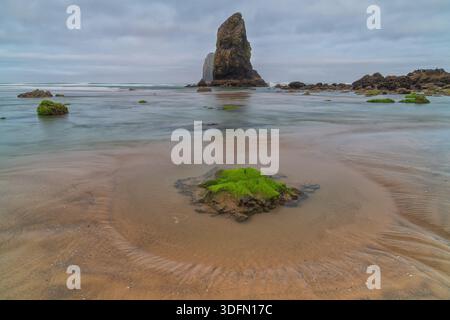 Langzeitaufnahme von Haystack Rock am Cannon Beach, Oregon. Mit moosbedeckten Felsen im Vordergrund und gewellten Sandstrukturen Stockfoto