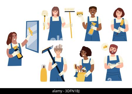 Personal der Cartoon-Reinigungsfirma in Uniformen-Set. Vektordarstellung isoliert. Büro- und Heimarbeiter für die Gestaltung der Hausarbeit. Cartoon-Frauen und -Männer verschiedener Ethnien mit Reinigungswerkzeugen. Stock Vektor