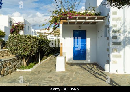 Blick auf eine leuchtend blaue Tür, eingerahmt von scharfen weißen Wänden unter einer Pergola mit rosa Bougainvillea, die Schatten auf einem Steinweg wirft, Mykonos, GRE Stockfoto