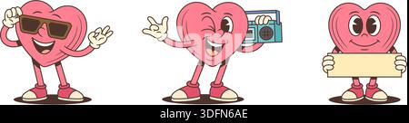 Set aus Retro-Maskottchen mit Herzcharakter. Eine groovige Zeichentrickfigur in Sonnenbrille, mit einer Boombox und einem Banner. Verspielte Vektor-Illustration für Stock Vektor