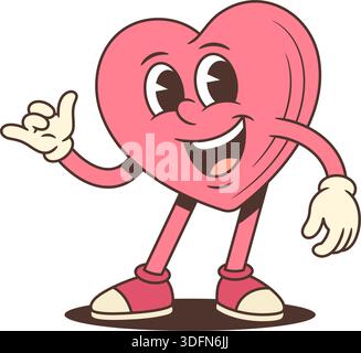 Groovige Cartoon-Figur im trendigen Retro-Stil. Pinkes Herz-Maskottchen mit shaka-Handgeste. Perfekte Vektorillustration zum Surfen oder Sommermotiv. Fu Stock Vektor