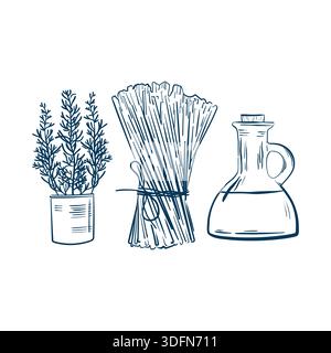 Handgezeichnetes Set aus Pasta Spaghetti Rosmarin und Olivenöl, Doodle Kollektion italienische Speisen, Doodle Sketch-Ikonen im Stile von Buntstiften Stock Vektor