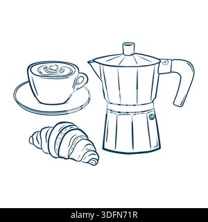 Moka Pot Kaffee und Croissant, Tasse Cappuccino und Croissant handgezeichnetes Set, Doodle Frühstückskollektion, Doodle Sketch Icons in Buntstift Zeichnung Stock Vektor