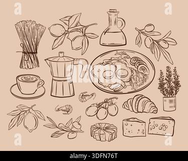 Frühstück Doodle Stil, Eier und Kaffee mit Croissant köstliche nahrhafte Speisen zum Frühstück Sketch Tinte, italienisches Mittagessen Stock Vektor