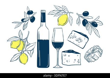 Wein und Käse Kritzelset, italienische Köstlichkeiten, Essen und alkoholische Getränke, Vektor-Illustration Isolate auf weiß Stock Vektor