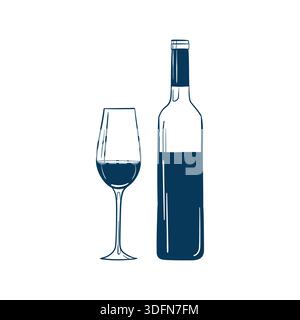 Hand gezeichnete Weinflasche und Glas, Doodle Weinflasche Symbol für Menü Design, Vektor Illustration Stock Vektor