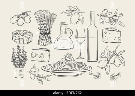 Pasta und Spaghetti mit Käse und Oliven handgezeichnet, Doodle-Kollektion italienische Küche Käse und Wein, mediterrane Köstlichkeiten Stock Vektor