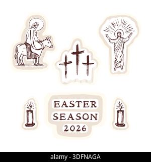 Karfreitag 2026 religiöse christliche ostersymbole mit Kalvarienkreuzen, Dornenkrone, Jesus-Nägel-Symbol-Set. Handgezeichnetes isoliertes Vektormotiv Stock Vektor