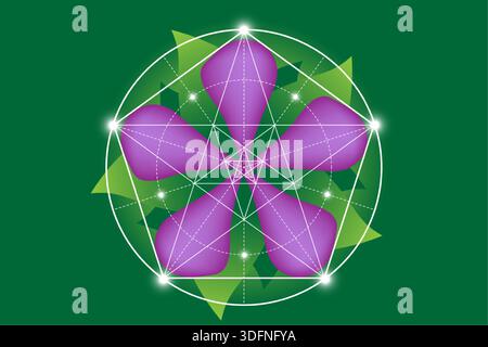 Geistliche Geometrie spirituelles New Age futuristisches Symbol, mystische lila Blume, Kreise, Pentagon und leuchtende Partikel. Heilige natürliche Vektorillustraten Stock Vektor