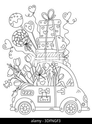 Süßigkeiten- und Blumenmaschine zum Valentinstag und Färben für Erwachsene und Kinder Stock Vektor