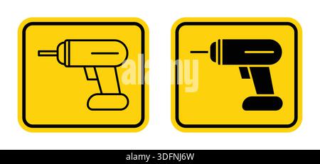 Zwei Symbole, die eine elektrische Bohrmaschine in Form von Umrissen und durchgehenden Formen vor einem leuchtend gelben Hintergrund darstellen. Perfekt für Werkzeuge und Konstruktionen Stock Vektor