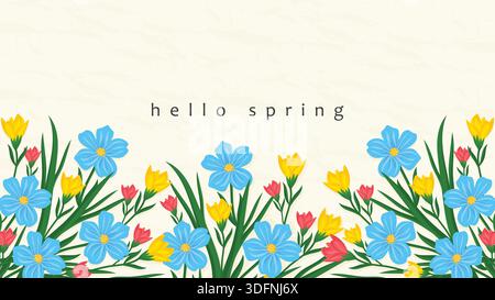 Hallo Frühling horizontales Banner mit bunten wilden Blumen und grünen Blättern auf Papier Textur Hintergrund. Stock Vektor