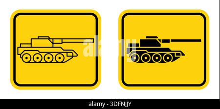 Zwei minimalistische Tanksymbole auf hellgelbem Hintergrund, ideal für militärische Themen, Designprojekte oder Lehrmaterialien. Einfache und auffällige Grafik Stock Vektor