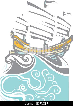 Holzschnitt Stil Bild des chinesischen Segelschiff Junk-mit dem Meeresleben. Stock Vektor