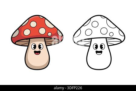 Farbenfrohe und umrissene Zeichentrickpilzfigur mit fröhlichem Gesicht, perfekt für Ausmalseiten für Kinder und spannende Aktivitäten. Stock Vektor