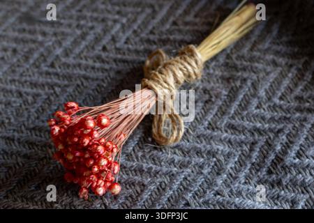 Getrocknete rote Blütenstrauß mit rustikalem Garn auf grauem Fischgrätstrick, gemütlichem Vintage-Ornament und natürlicher Dekoration mit zartem T-Shirt Stockfoto