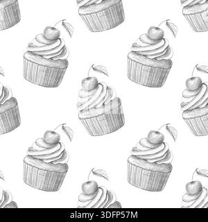 Nahtloses Muster mit Cupcakes, die mit Creme und Kirschen verziert sind. Handgezeichnete Bleistiftskizze. Weißer Hintergrund. Für Textilien, Design, Druck, kulinarische Themen, Desserts, Geburtstage. Stockfoto