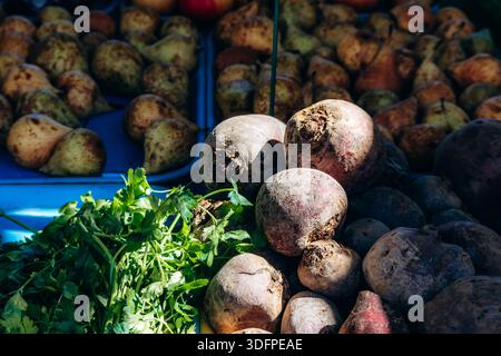 Frische Rote Bete und Petersilie auf einem Markt im Freien in Nizza, Frankreich Stockfoto