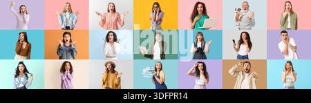 Collage mit vielen überraschten Leuten auf farbigem Hintergrund Stockfoto